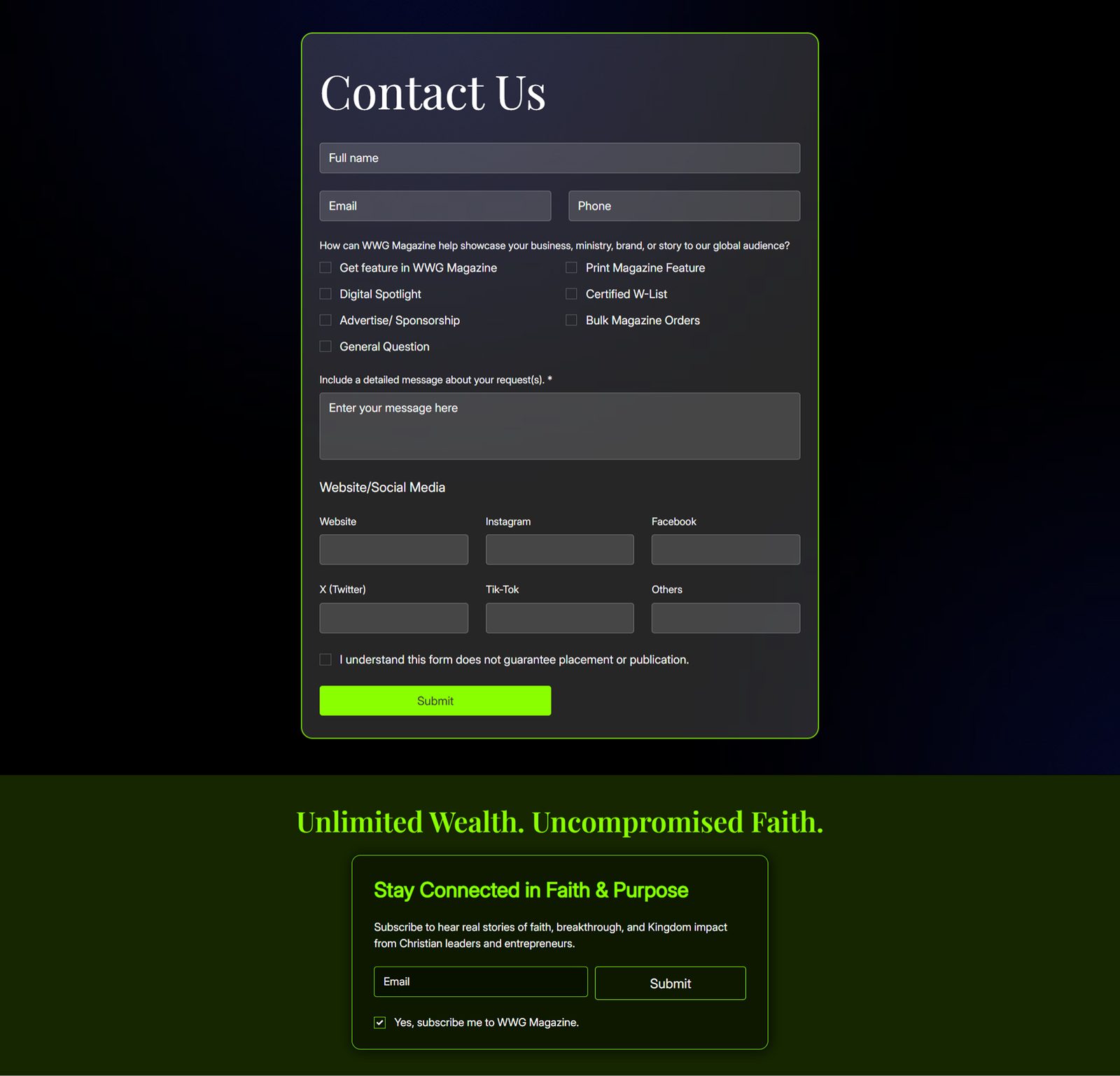 WWG Magazine contact page, a structured enquiry form with checkbox options, above the newsletter sign-up block